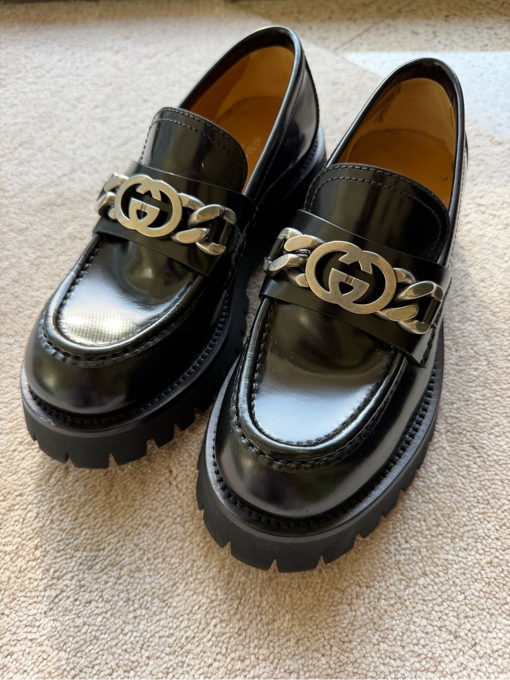 Gucci Black Patent Leather Lug-Sole Loafers with Silver Chain